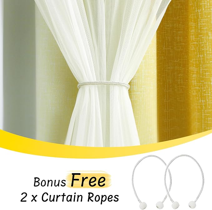 Ombre 100% Blackout Curtains 96 Inches Long 2 Panels for Bedroom Living Room Yellow and White Double Layer Sheer Overlay Mix & Match Grommet Thermal Soundproof Drapes with Tiebacks, 52x96
