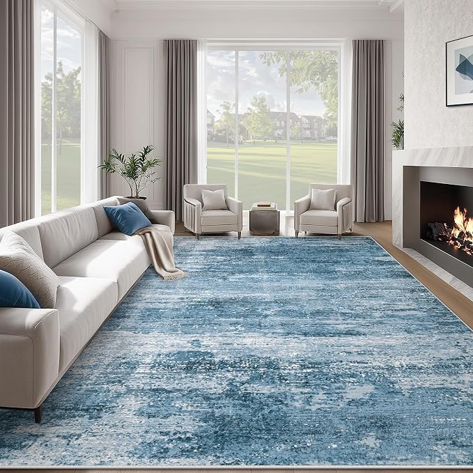Washable Rug 9x12 Area Rugs for Living Room: Large Neutral Soft Rug Abstract Non Slip Low Pile Modern Carpet for Bedroom Kitchen Nursery Office Dining Room Indoor (Darkblue, 9'x12')