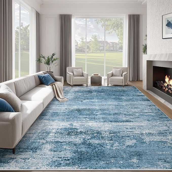 Washable Rug 8x10 Area Rugs for Living Room: Large Neutral Soft Rug Abstract Non Slip Low Pile Modern Carpet for Bedroom Kitchen Nursery Office Dining Room Indoor (Darkblue, 8'x10')