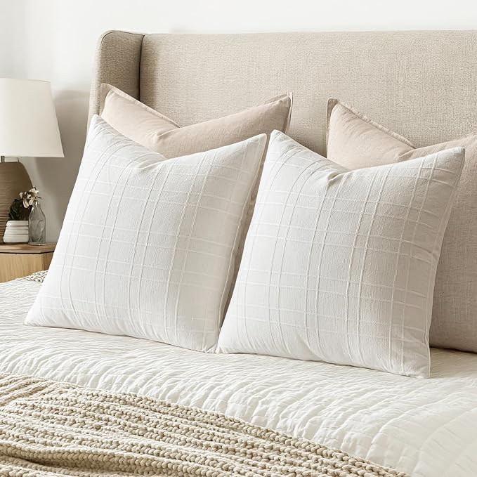 MIULEE Decorative Linen Check Euro Shams Throw Pillow Covers Neutral Farmhouse Vintage Pillow Covers 22x22 Set of 2 Boho Modern Home Decor for Sofa Couch Bedroom Cushion Cream White