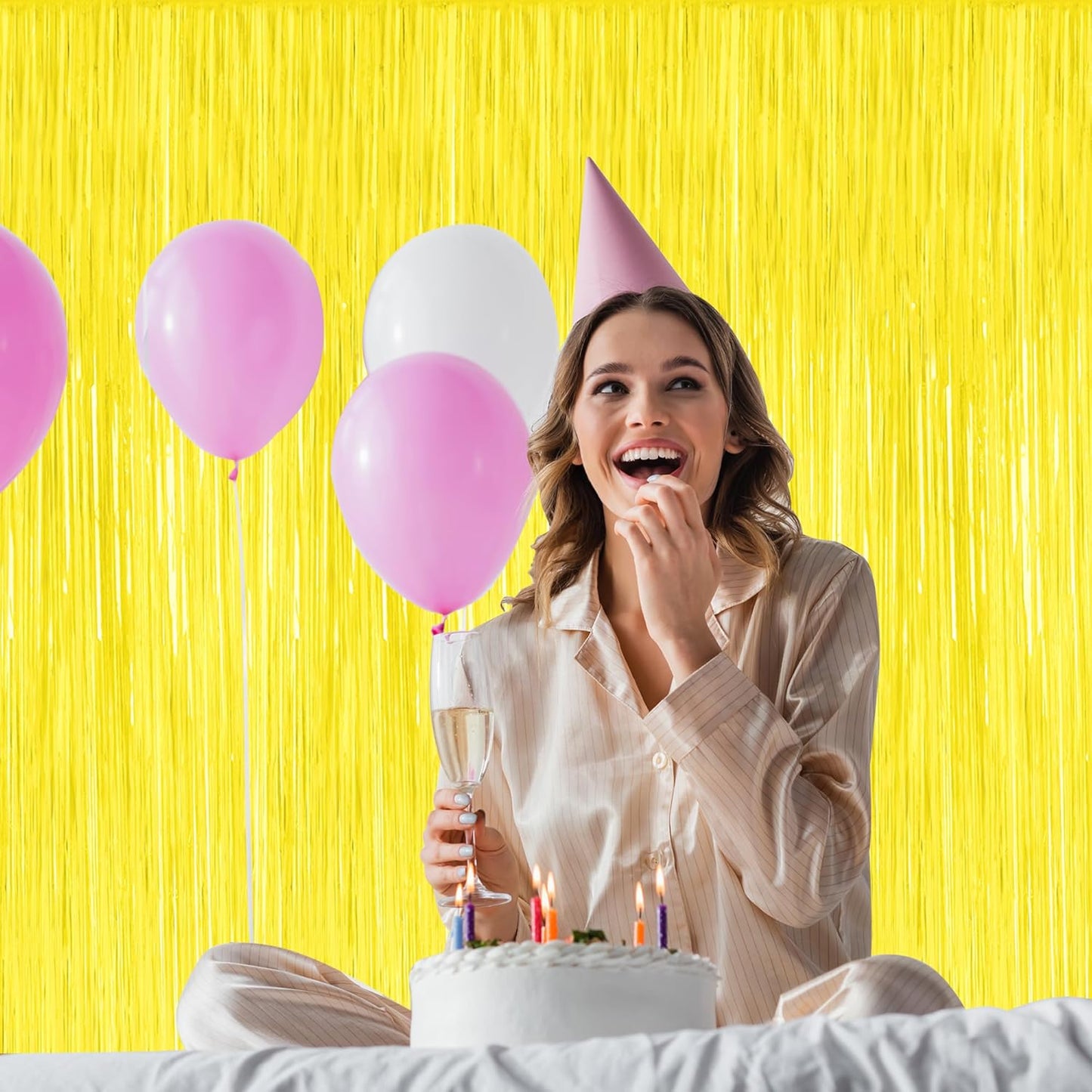 2 Pack Backdrop Curtains, 3.28 FT x 7.05 FT Yellow Color Tinsel Backdrop, Metallic Foil Backdrop Fringe Curtains Party Streamer, Party Decorations Photo Backdrop for Birthday