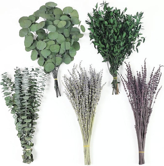 120+ Pcs Mixed Dried Eucalyptus & Lavender Flowers for Shower, Preserved Natural Eucalyptus Leaves for Wall Hanging, Plant Fragrance, Dried Florals for Vase Fillers, Wedding, Green Bathroom Decor