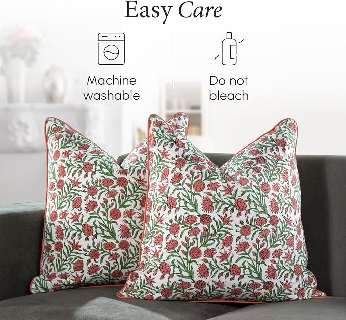 CPC 100% Cotton Throw Pillow Covers 24x24 Inch, Set of 2 Red Block Print Pattern Couch Pillow, Cute Boho Decorative Pillows for Living Room, Bedroom with Hidden Zipper- Red Garnet
