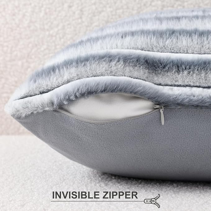 Pallene Faux Fur Plush Throw Pillow Covers 20x20 Set of 2, Luxury Soft Fluffy Striped Decorative Pillow Covers for Sofa, Couch, Living Room, Ombre Grey