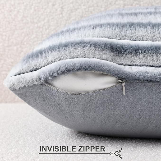 Pallene Faux Fur Plush Throw Pillow Covers 18x18 Set of 2, Luxury Soft Fluffy Striped Decorative Pillow Covers for Sofa, Couch, Living Room, Ombre Grey