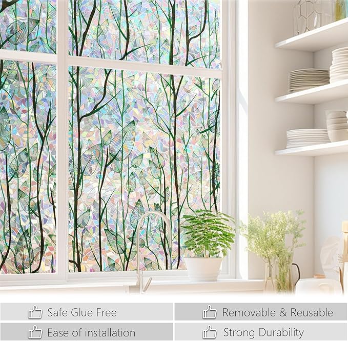 LEMON CLOUD Privacy Window Film 3D Stained Glass Window with Installation Tools,No Glue Static Cling Window Sticker,Decorative for Glass Door,Bathroom,Office and Home (Grove Rainbow,17.5 x 78.7 Inch)
