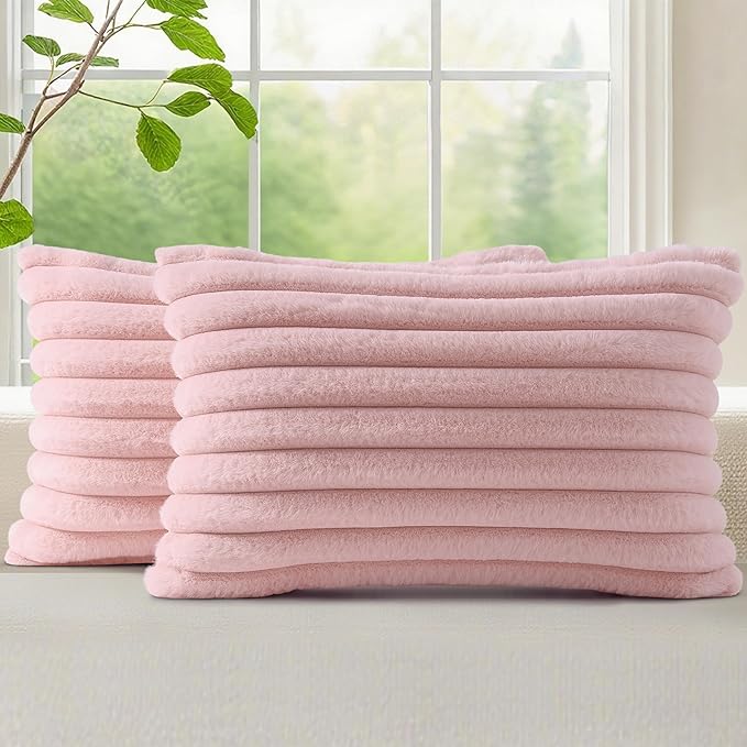 decorUhome Fall Cozy Faux Fur Throw Pillow Covers 12x20 Set of 2 Decorative Soft Plush Striped Lumbar Modern Farmhouse Boho Couch Pillow Cases with Velvet Back for Sofa Bed Living Room, Pink