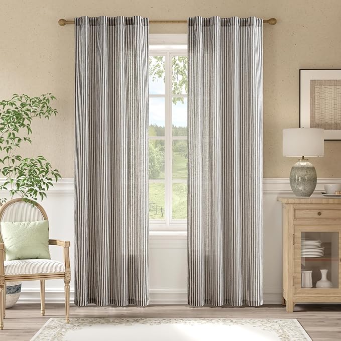 jinchan Linen Curtains 84 Inch Black Stripe on Beige Back Tab 2 Panels | Curtains For Living Room Bedroom,Ticking Stripe, Farmhouse Cottage Core Rustic,Rod Pocket Window Treatment,Light Filtering