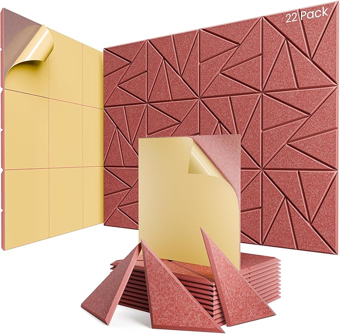 22 Pack Acoustic Panels with Self-Adhesive, 12"X 12"X 0.4"Sound Proof Foam Panels, Sound Panels High Density, Soundproof Wall Panels for Home Studio Office Red