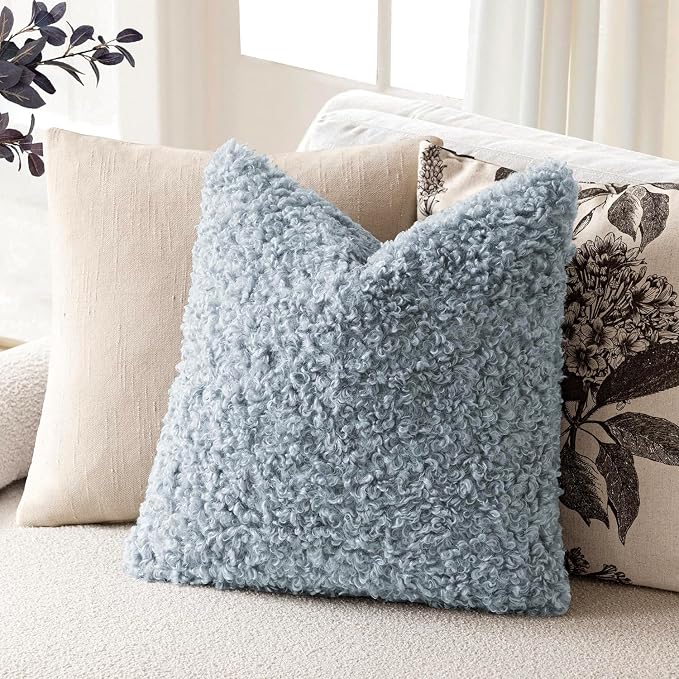 Foindtower 2 Pieces 18x18 Inch Misty Blue,Faux Fur Throw Pillow Cover Accent Sherpa Furry Pillow Covers Fuzzy Soft Pillowcases Cozy Sheepskin Decorative Fleece Cushion Case for Bed Couch Living Room