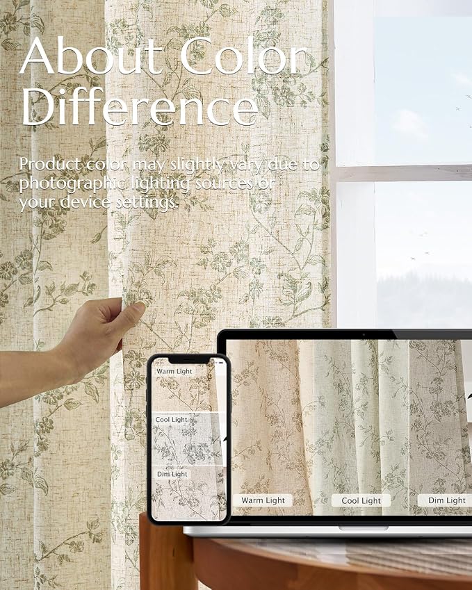 jinchan Green Floral Linen Curtains 84 Inch Farmhouse Back Tab 2 Panels | Flower patterned drapes, french country, light filtering, semi sheer, printed, privacy, bedroom, living room, home decor