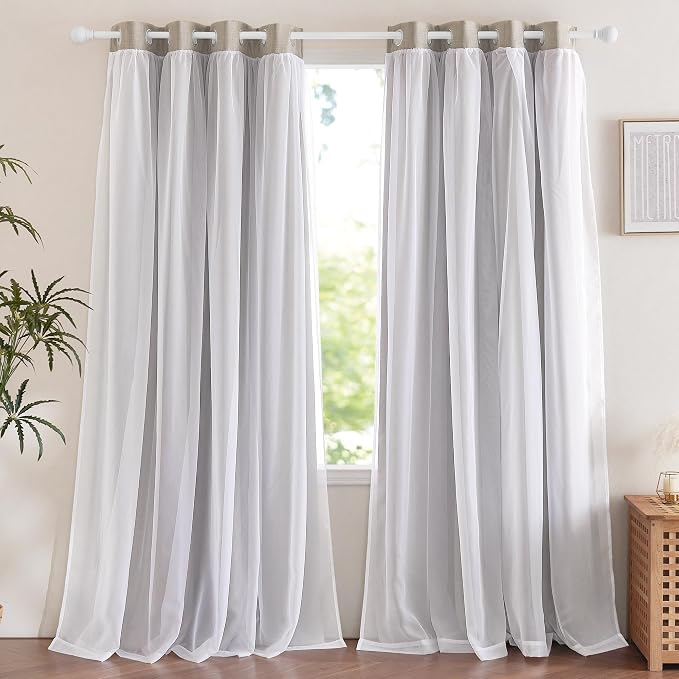NICETOWN Dual Layers Grommet Top Mix and Match Faux Linen Curtains with White Sheer Voile for Living Room Bedroom, Kids Curtains for Nursery, 52x84 Inch Long, Set of 2 Panels, Angora