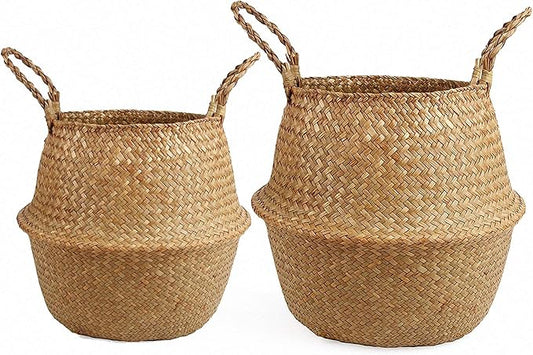 2 Pack Seagrass Plant Basket for Storage Plant Pot Basket,Laundry, Picnic Basket (Small+Medium)