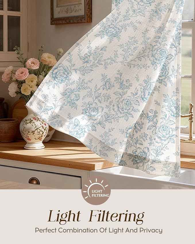 Miss Adola Farmhouse Kitchen Tier Curtains - 30 Inch Length Linen Blend Cafe Curtains Blue Floral Small Window Treatments Over Sink Rod Pocket for Bathroom Living Room Light Filtering, 2 Panels