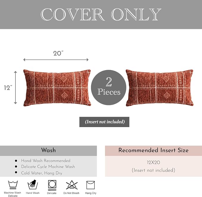 BlissBlush Decorative Lumbar Pillow Covers 12x20 Set of 2, Terracotta Rust Red Boho Textured Chenille Accent Rectangular Throw Pillow Covers for Couch Sofa Living Room Home Décor (Cover Only)