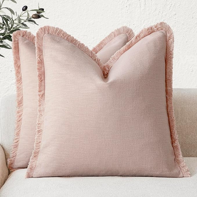 Foindtower Set of 2 Decorative Linen Fringe Throw Pillow Covers Boho Farmhouse Cushion Cover with Tassels Soft Accent Pillowcase for Couch Chair Sofa Bed Living Room Home Decor,22×22 Inch,Light Pink