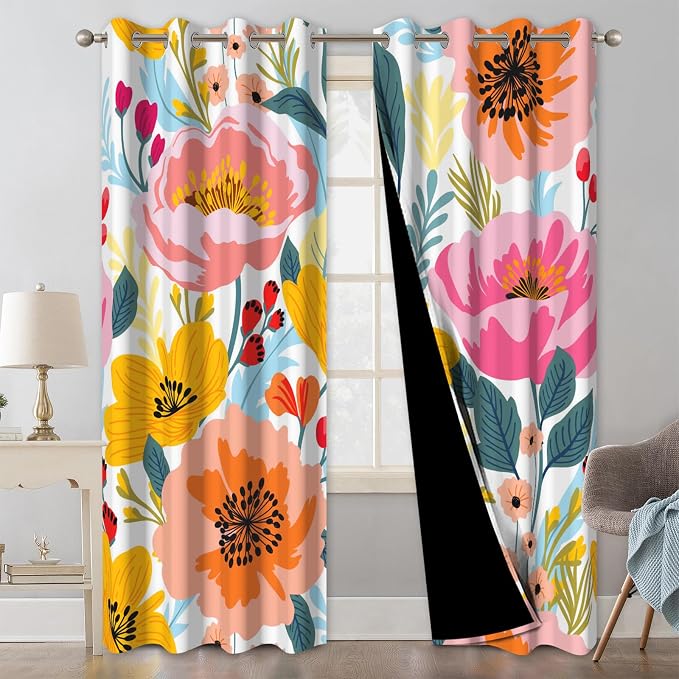 Boho Patterned Blackout Curtains for Bedroom, Bohemian Floral Living Room Darkening Curtains 84 Inch Length 2 Panels Set, Grommet Thermal Insulated Soundproof Window Drapes with Curtain Tiebacks