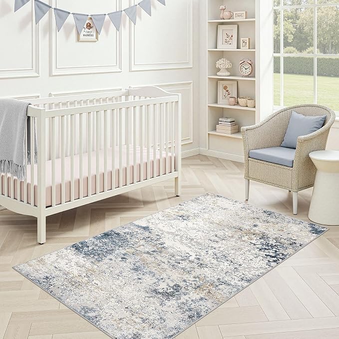 DMOYEST Washable Area Rug: 3x5 ft Abstract Small Rugs for Entryway Kitchen Living Room Bedroom - Non Slip Modern Neutral Carpet Indoor Front Door - Beige Blue