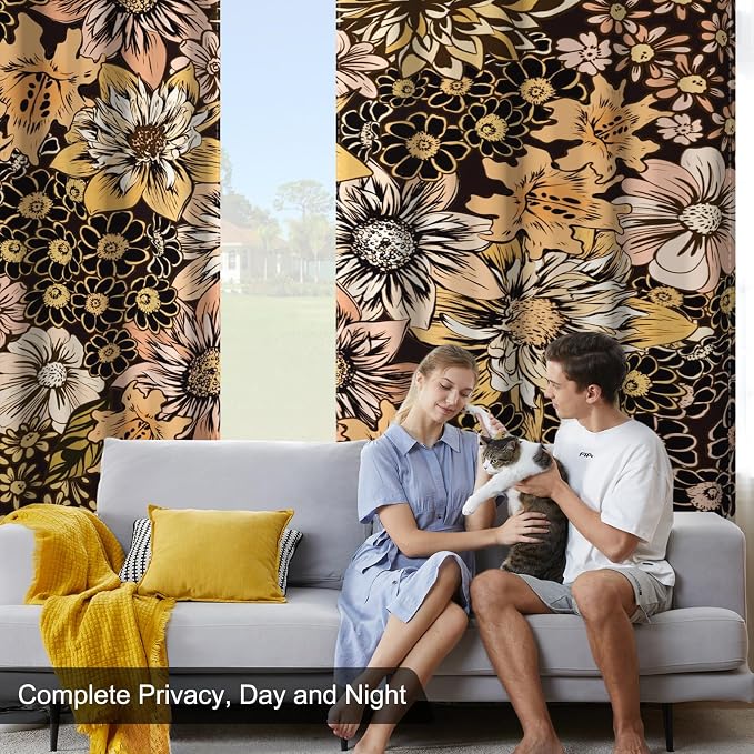 Boho Floral Blackout Curtains for Bedroom with Curtain Tiebacks, 84 Inch Long Black Out Window Drapes 2 Panels Set, Farmhouse Patterned Thermal Soundproof Privacy Grommet Living Room Curtains