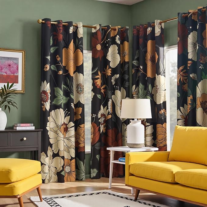jinchan Lora Floral Curtains for Bedroom Blackout Drapes for Living Room Darkening Fabric Vintage Black Boho Flower Pattern Fall Decor Window Curtains 84 Inches Length 4 Panels with Grommet
