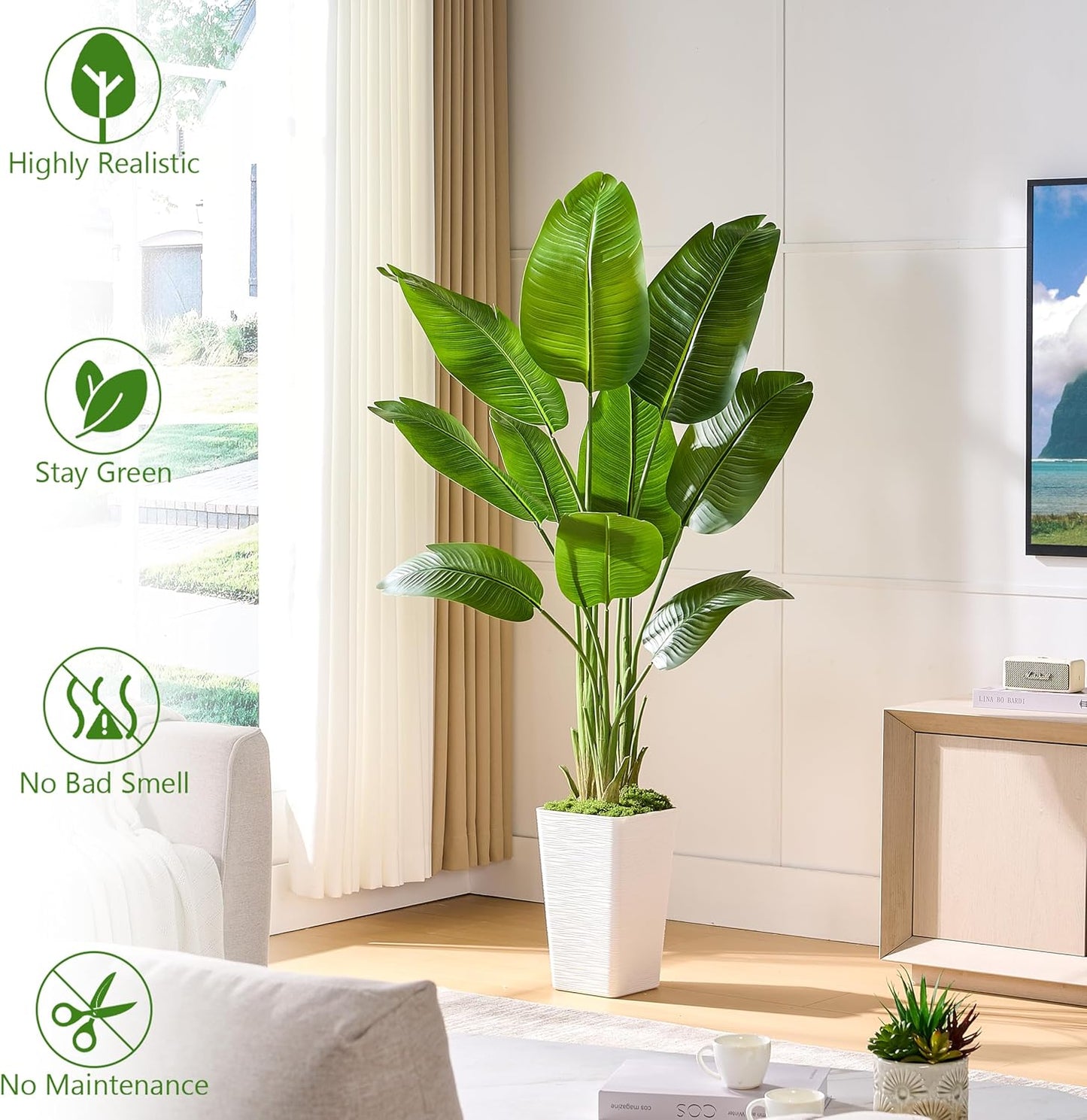 Lifelike Bird of Paradise Silk Artificial Plant Faux Banana Leaf Tree for Home Decor - Perfect Indoor Floor Plant with 9 Trunks (1, White Tall Planter, 5 FT)