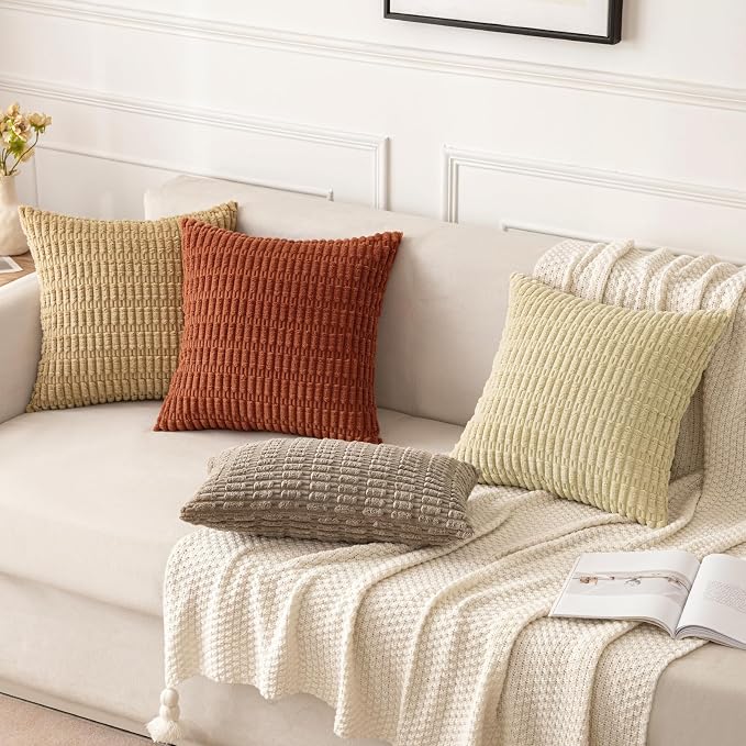 MIULEE Fall Pack of 2 Dark Rust Corduroy Decorative Euro Sham Pillow Covers 22x22 Inch Soft Boho Striped Throw Pillow Covers Modern Farmhouse Home Decor for Sofa Living Room Couch Bed