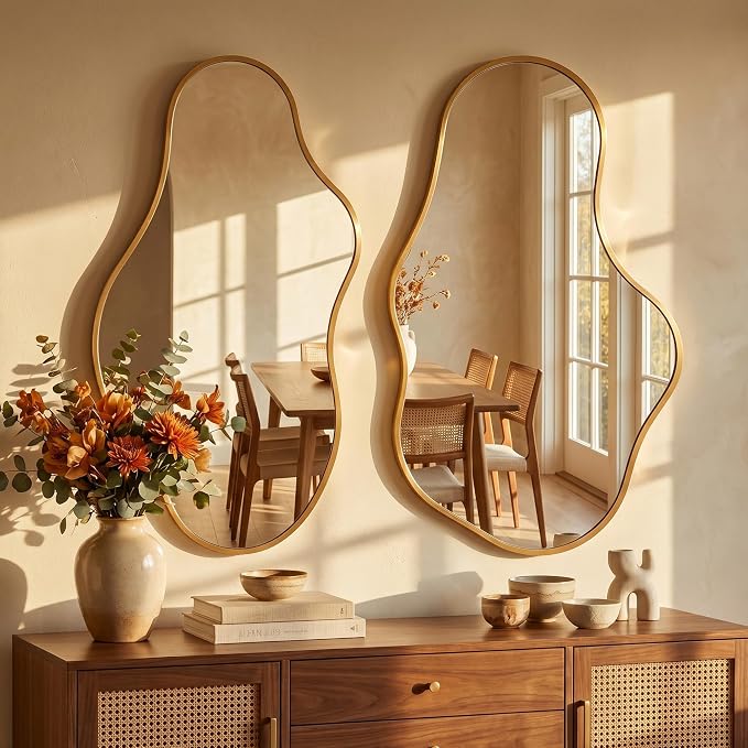 Dorlicecass Bathroom Mirrors for Over Sink - Long Wall Mirrors Decorative 24"x 43" Asymmetrical Abstract Aviation Aluminum Alloy Frame Unique for Bedroom, Living Room, Cloakroom, Entryway Gold