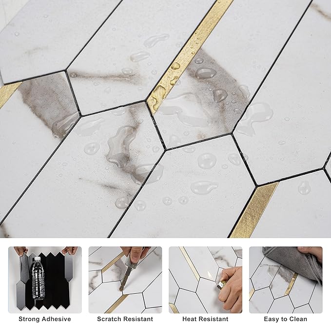KASARO Peel and Stick Backsplash Long Hexagon Wall Tile, 10-Pieces PVC Self Adhesive Mosaic Tiles, Marble White with Vintage Gold Stripes Decorative for Kitchen, Bathroom and Fireplace