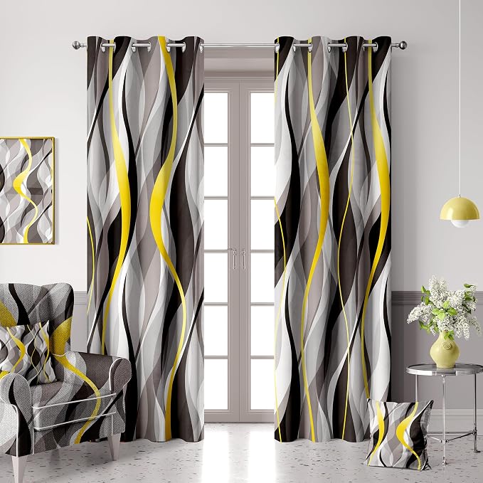 iTapnoom Black Gray Striped Blackout Curtain, Yellow White Abstract Ombre Window Curtains Darkening Thermal Insulated Window Drapes for Living Room Bedroom Decor 2 Panels 52x84 Inches