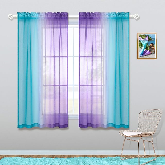 KOUFALL Short Sheer Curtains 45 Inch Length for Bathroom Decor Set of 2 Panels Rod Pocket Half Small Ombre Rainbow Colorful Curtains for Kitchen Windows Bedroom Light Purple and Aqua Teal Turquoise