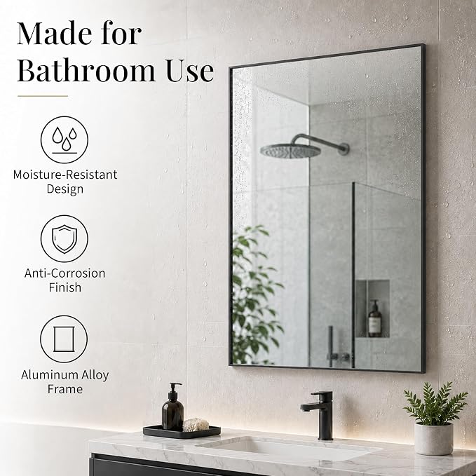 24"x36" Matte Black Framed Rectangle Bathroom Vanity Wall Mirror | Over-Sink Vanity Mirror, Slim Metal Frame, Entryway or Dresser Use, Vertical/Horizontal Mount, Tempered Glass