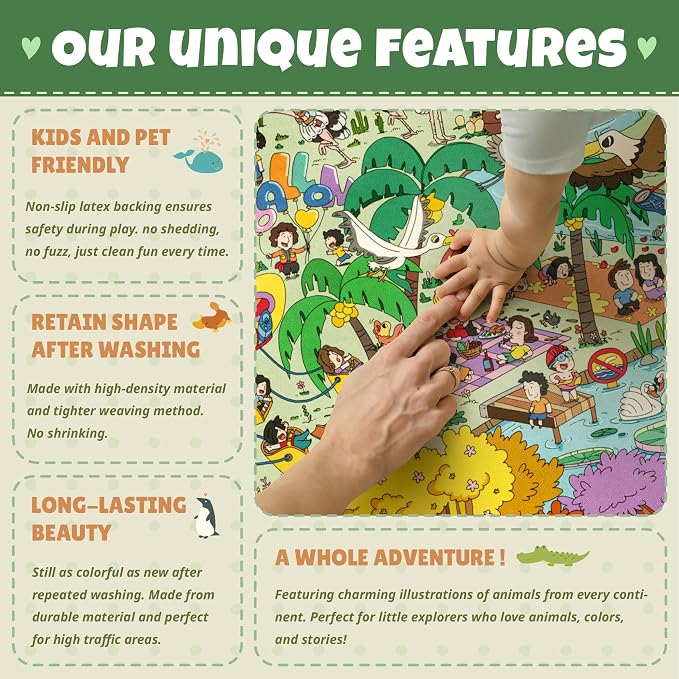 Whimsical Jungle Rug 6x9 for Kids Playroom – Cute Colorful Animal Safari Map, Forest & Playground Scene – Perfect for Classrooms, Darecare, Pre-School or Play Corners