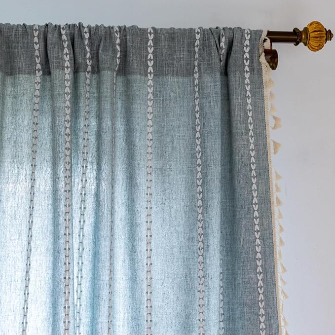OYX Boho Curtains 63 Inch Length, Cotton Linen Semi Blackout Window Curtains with Tassels for Bedroom, Taupe Stripes Embroidery Bohemian Retro Drapes, Farmhouse Window Treatment 2 Panel, 52Wx63L