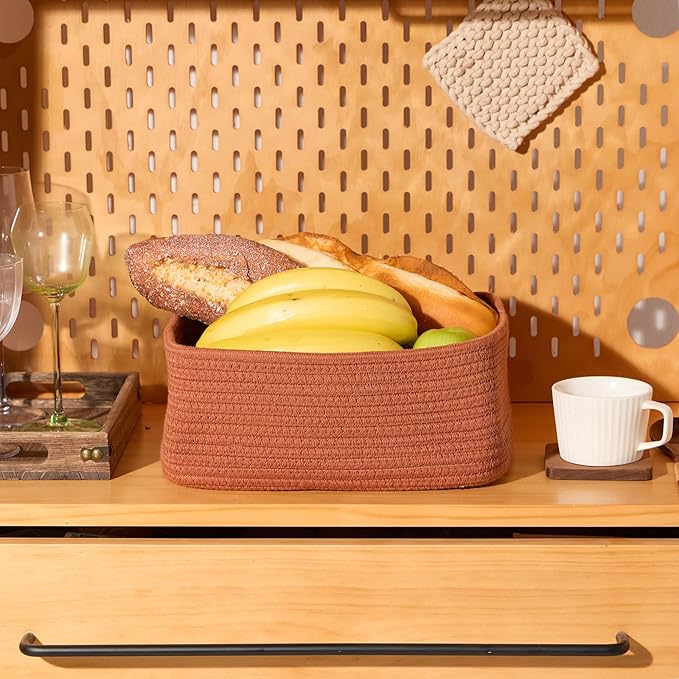 MiniArk Small Storage Baskets for Organizing | Closet Organizer Bins | Shelf Toy Basket | Woven Rope Baskets | Cube Decorative Box | Shallow Basket | 11.5x7.5x4.7” | 3 Packs Oxide Red