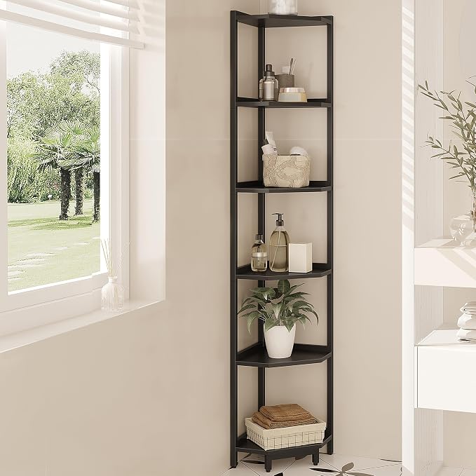 Hzuaneri Corner Shelf Stand, Corner Bookshelf, Storage Standing Shelf Unit with Metal Frame, Plant Stand, Bookcase for Living Room, Home Office, Bedroom, 6-Tier Black CS06006B
