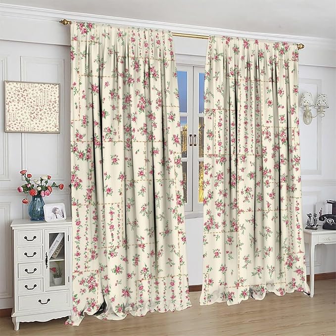 Boho Patchwork Floral Blackout Curtains Yellow Red Farmhouse Patchwork Quilted Country Check Print Window Drapes for Bedroom Living Room Kitchen Cafe （W21xL54 Inch） x2 Panels