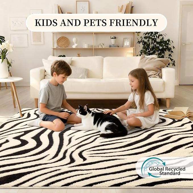 YIHOUSE 9×12 Ft Area Rugs for Living Room: Modern Washable Rug - Abstract Black and Cream White Rug for Bedroom Dining Room Office Playroom Nursery Home Decor - Nonslip Non-Shedding Striped Rugs