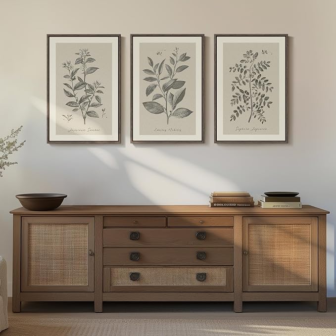 Framed Vintage Botanical Wall Art for Dining Room, 3 Piece Neutral Floral Plants Canvas Painting Prints Artwork, Rustic Flowers Pictures for Farmhouse Living Room Bedroom Kitchen Home Decor, 16x24 In