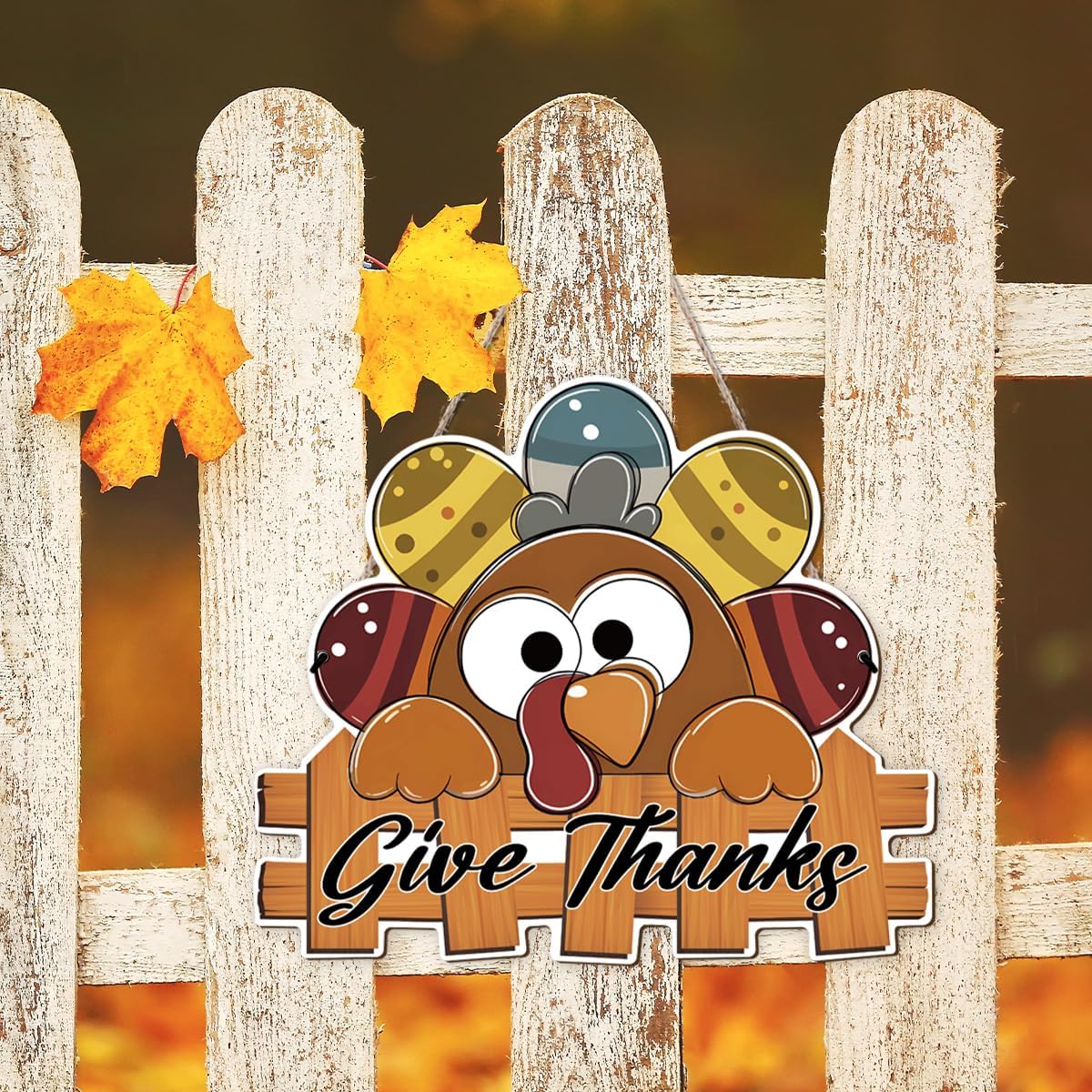 Give Thanks Sign Turkey Front Door Decor Thanksgiving Day Wood Door Hanger, Fall Wooden Thankful Wreath Hanging Decoration for Outdoor Outside Porch, Housewarming Gift