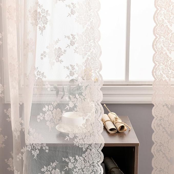 Kotile Blush Pink Sheer Curtains 84 Inches Long, 2 Panels, W42 x L84 Inch Each, Country Rusitc Floral Vintage Lace Curtains for Living Room Rod Pocket Light Filtering Privacy Sheer Window Lacy Curtain