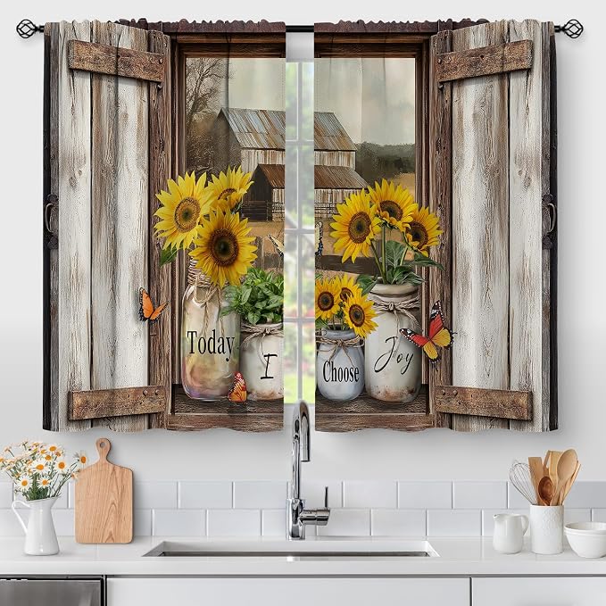 Aimego Wood Sunflower Kitchen Curtains - Retro Cafe Country Small Short Tier Window Curtains for Bathroom Living Room Decor Rod Pocket Window Drapes 36 Inch Length Set 28"x36"