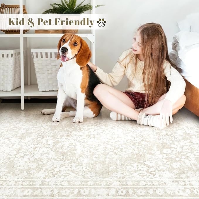 Vintage Living Room Area Rug - 8x10 Large Machine Washable Boho Area Rug Distressed Floral Rugs for Bedroom, Soft Non-Slip Indoor Floor Accent Rugs for Office Dining Room (Cream Beige, 8'x10')
