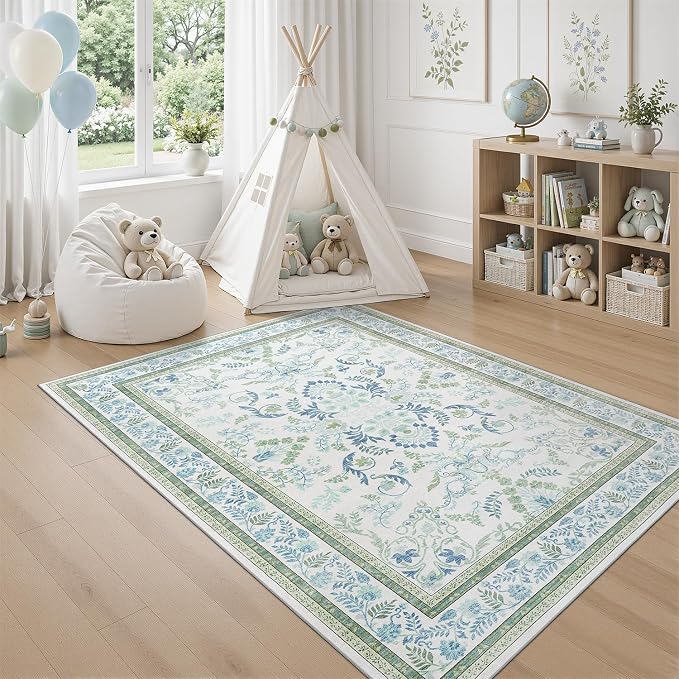 DCX Green 3x5 Rug, Kid & Pet Friendly with Rubber Back Non Slip, Machine Washable Stain Resistant Botanical Floral Rug for Bathroom, Kitchen, Soft Low Pile Small Carpet