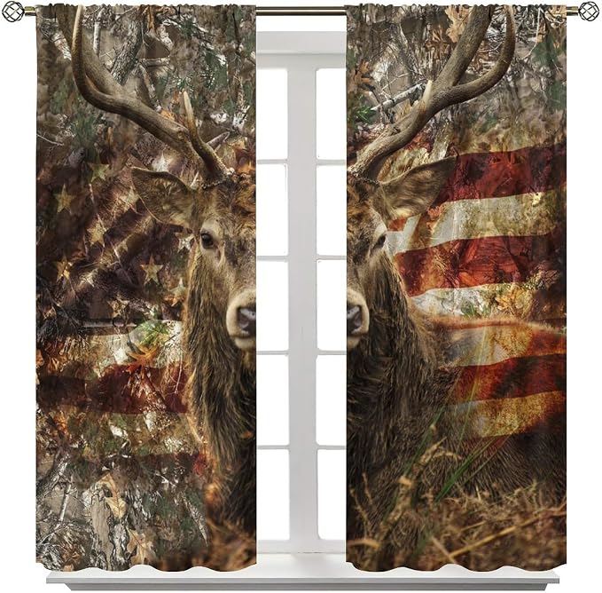 Vintage Bear Blackout Curtains for Kitchen Vintage Country Farmhouse Camouflage Forest Hunting Cabin American Flag Wild Elk Animal Windows Treatments for Bedroom Living Room 55x63in