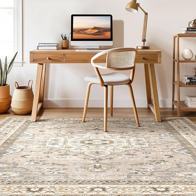 7x9 Area Rug Living Room: Washable Boho Large Neutral Vintage Soft Rug Stain Resistant Farmhouse Non-Slip Indoor Floor Carpet for Bedroom Nursery Kids Playroom Office Dining Room- Beige Grey