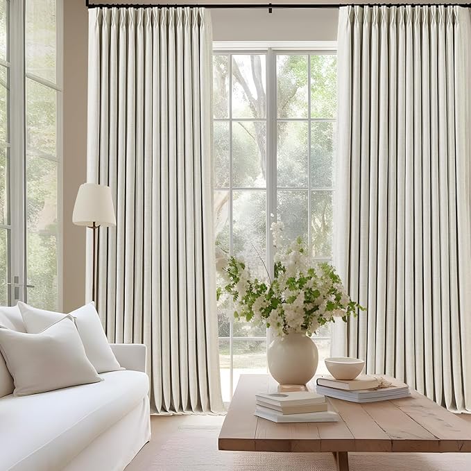 Natural Linen Blend Pinch Pleated 100% Blackout Curtains for Bedroom - 2 Pages Black Out Curtains 120 Inch Long 2 Panel for Living Room Darkening Thermal Window Curtain Drapes with 16pc Hooks, Thick