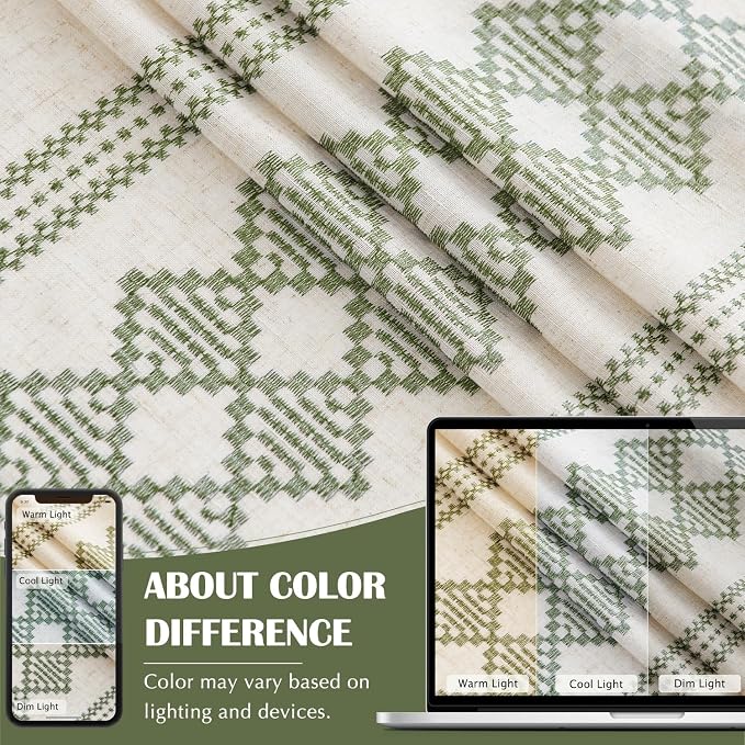 jinchan Boho Curtains Linen Blend Beige Farmhouse Curtains 96 Inches Long for Living Room Sage Green Square Embroidered Bordered Back Tab Bedroom Window Light Filtering Bohemian Drapes 2 Panels