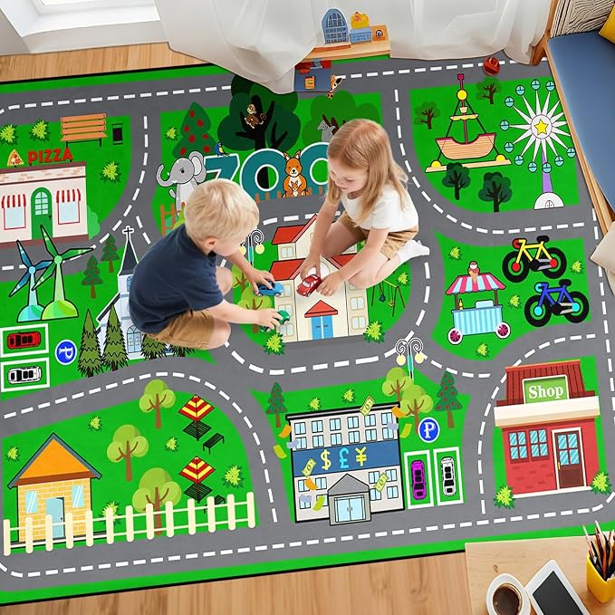 Car Rug Play Mat 6x9 Feet - Green Road Rug for Kids Boys Room, Fun Race Track Traffic Road Carpet for Boys Playmat Educational Learn, Car Carpet for Kids Room Decor Playmat Bedroom Playroom