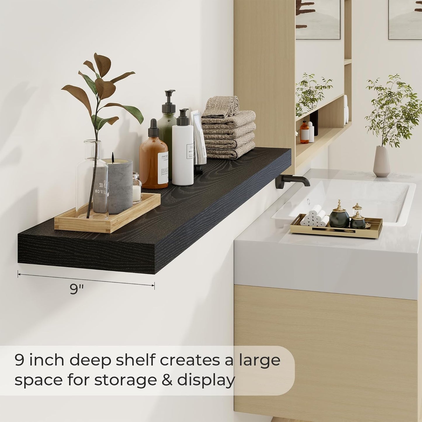 48 inch Floating Shelves for Wall Large Wall Mounted Shelves with Invisible Brackets, Black Long Shelves for Bathroom, Living Room, Kitchen, Office, 48x9.1 inch deep Set of 2