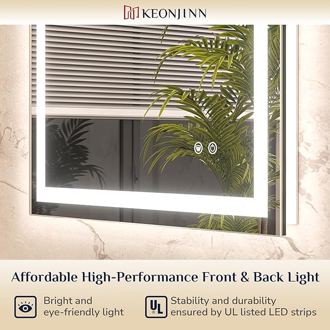 Keonjinn 48" x 36" Lighted Mirror for Bathroom Wall, LED Mirror with Frontlit & Backlit, Bathroom Mirror with Lights, Dimmable 3-Color Lights, HD Tempered Glass, UL-Listed LED Driver